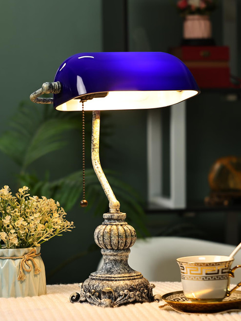 Retro Blue Glass Bankers Desk Lamp,LED Bulb Included