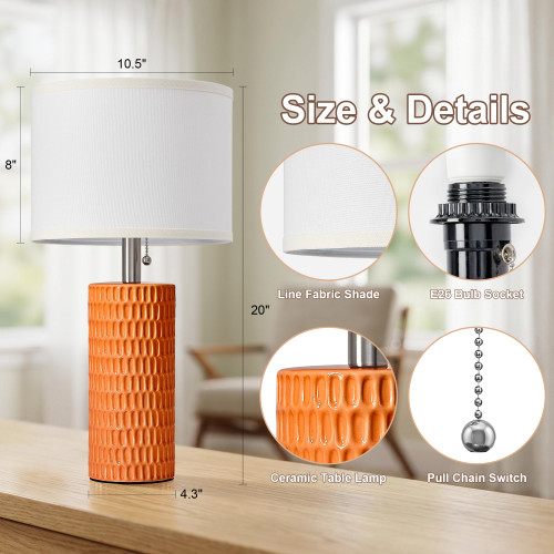 20” Modern Table Lamps Set of 2, Lamps for Bedroom, Orange