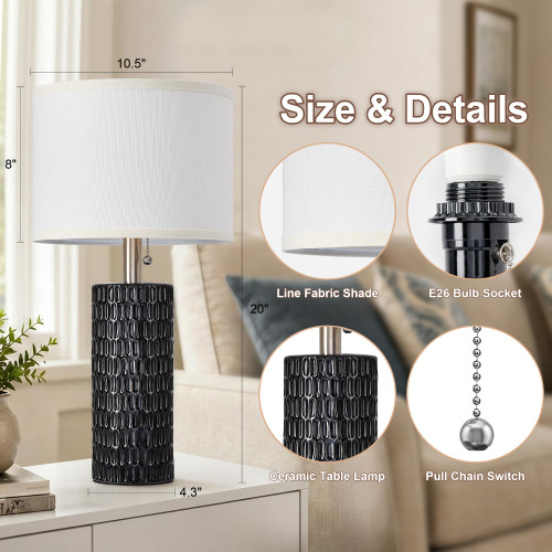 20” Modern Table Lamps Set of 2, Lamps for Bedroom, Black