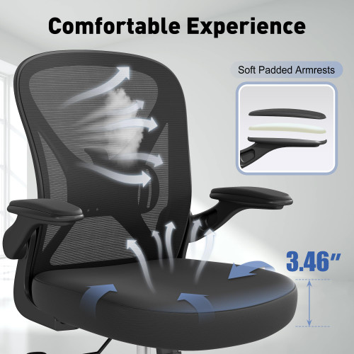 Ergonomic Office Chair, Mesh Fabric Home Office Chairs with Adjustable Lumbar Support, 360° Swivel, and Flip-Up Armrests, Black