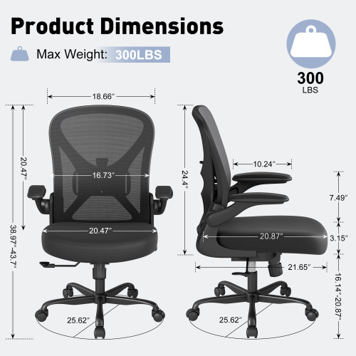 Set of 2, Ergonomic Office Chair Mesh Fabric Home Office Chairs with Adjustable Lumbar Support, 360° Swivel, and Flip-Up Armrests, Black