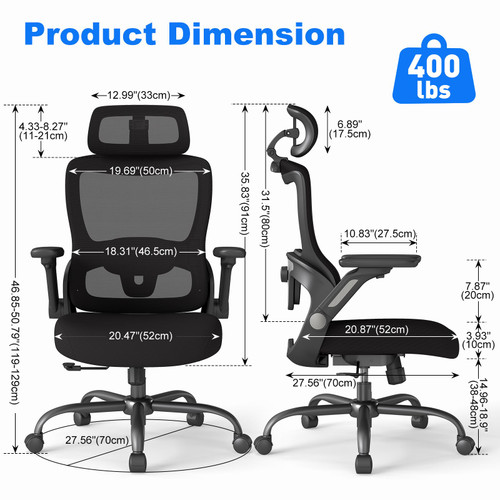 Ergonomic Office Chair, Home Computer Chair with 3D Adjustable Headrest and 4D Flip-Up Armrests, Adjustable Lumbar Support, Suitable for Office, Black
