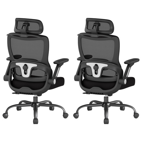 2PC, Ergonomic Office Chair, Home Computer Chair with 3D Adjustable Headrest and 4D Flip-Up Armrests, Adjustable Lumbar Support, Suitable for Office and Study, Black