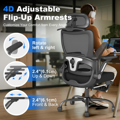 4PC, Ergonomic Office Chair, Home Computer Chair with 3D Adjustable Headrest and 4D Flip-Up Armrests, Adjustable Lumbar Support, Suitable for Office and Study, Black
