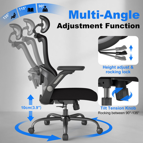 10PC, Ergonomic Office Chair, Home Computer Chair with 3D Adjustable Headrest and 4D Flip-Up Armrests, Adjustable Lumbar Support, Suitable for Office and Study, Black