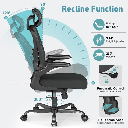 Ergonomic Office Chair, Mesh Fabric Home Office Chairswith Adjustable Lumbar Support, Headrest, 360° Swivel, and Flip-UpArmrests, Black
