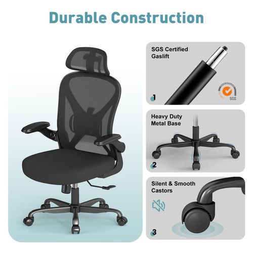 Ergonomic Office Chair, Mesh Fabric Home Office Chairswith Adjustable Lumbar Support, Headrest, 360° Swivel, and Flip-UpArmrests, Black