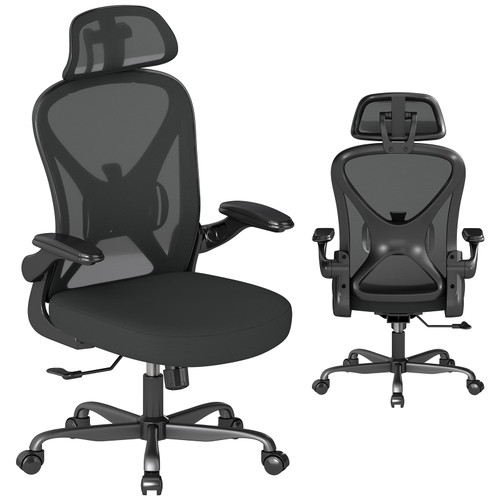 Ergonomic Office Chair, Mesh Fabric Home Office Chairswith Adjustable Lumbar Support, Headrest, 360° Swivel, and Flip-UpArmrests, Black
