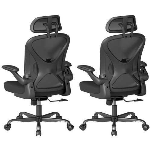 Ergonomic Office Chair Set of 2, with Adjustable Lumbar Support, Mesh Fabric Home Office Chair with Headrest, 360° Swivel and Flip-Up Armrests, Black