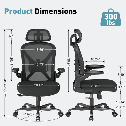 Ergonomic Office Chair Set of 4, with Adjustable Lumbar Support, Mesh Fabric Home Office Chair with Headrest, 360° Swivel and Flip-Up Armrests, Black