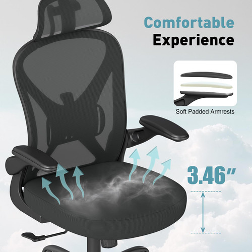 Ergonomic Office Chair Set of 6, with Adjustable Lumbar Support, Mesh Fabric Home Office Chair with Headrest, 360° Swivel and Flip-Up Armrests, Black