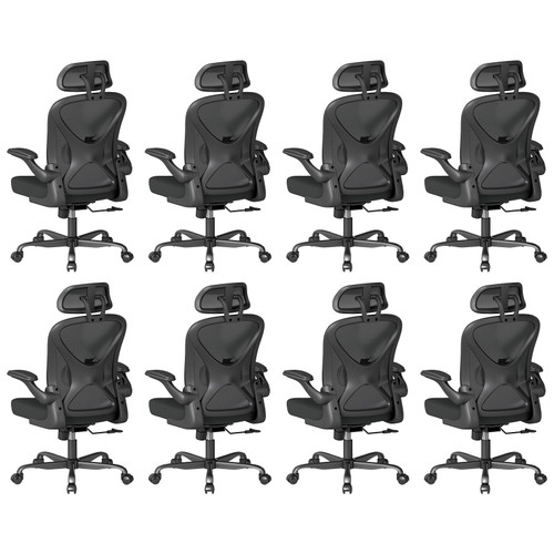 Ergonomic Office Chair Set of 8, with Adjustable Lumbar Support, Mesh Fabric Home Office Chair with Headrest, 360° Swivel and Flip-Up Armrests, Black