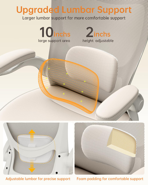 Office Chair, PU Leather Ergonomic Desk Chair with Adjustable Lumbar Support and Flip up Armrest, Breathable Mesh Computer Chair for Home Office, Khaki