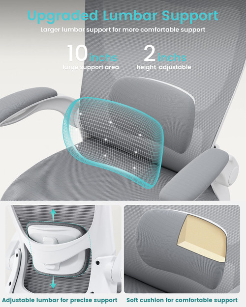 Office Chair, Ergonomic Desk Chair with Adjustable Lumbar Support and Flip up Armrest, Breathable Mesh Computer Chair for Home Office, Gray