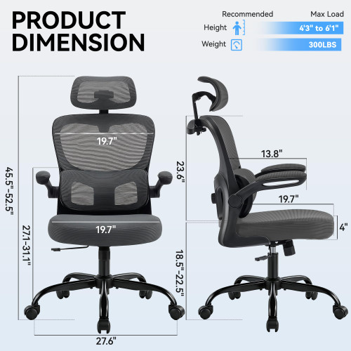 Office Chair Ergonomic Desk Chairs with Adjustable Lumbar Support& Headrest Hanger, High Back Breathable Mesh Chair with Wheels, Rolling Swivel Comfy Task Computer Chair for Home Work Gaming