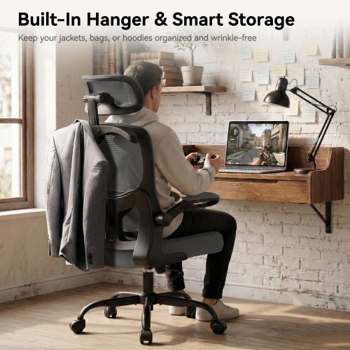 Office Chair Ergonomic Desk Chairs with Adjustable Lumbar Support& Headrest Hanger, High Back Breathable Mesh Chair with Wheels, Rolling Swivel Comfy Task Computer Chair for Home Work Gaming