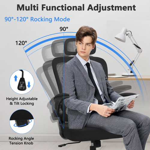Desk Chairs with Wheels, Ergonomic Mesh Back Home Office Chair with Headrest, Adjustable Lumbar Support Swivel Rolling Computer Chairs with Flip Up Armrests for Conference Meeting Room, Black