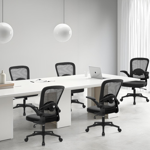 Desk Chairs with Wheels, Ergonomic Mesh Back PU Leather Seat Home Office Adjustable Lumbar Support and Height Swivel Rolling Computer Task Chair with Flip Up Arms for Conference, Black, 2PK