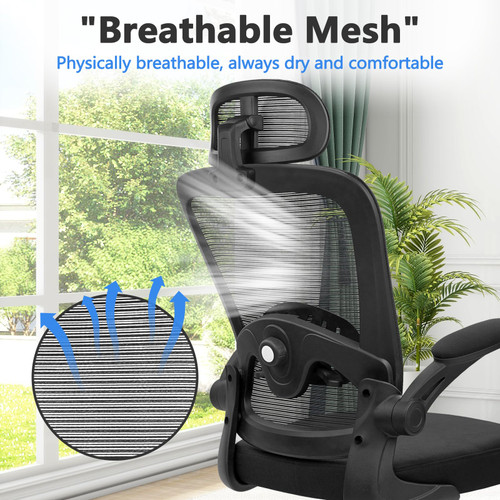 Desk Chairs with Wheels, Ergonomic Mesh Back Home Office Chair with Headrest, Adjustable Lumbar Support Swivel Rolling Computer Chairs with Flip Up Arms for Conference Meeting Room, Black, 2PK