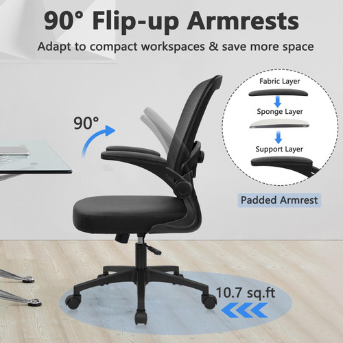 4PK, Desk Chairs with Wheels, Ergonomic Mesh Back PU Leather Seat Home Office Adjustable Lumbar Support and Height Swivel Rolling Computer Task Chair with Flip Up Arms for Conference, Black