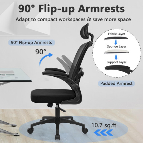 4PK, Desk Chairs with Wheels, Ergonomic Mesh Back Home Office Chair with Headrest, Adjustable Lumbar Support Swivel Rolling Computer Chairs with Flip Up Arms for Conference Meeting Room, Black