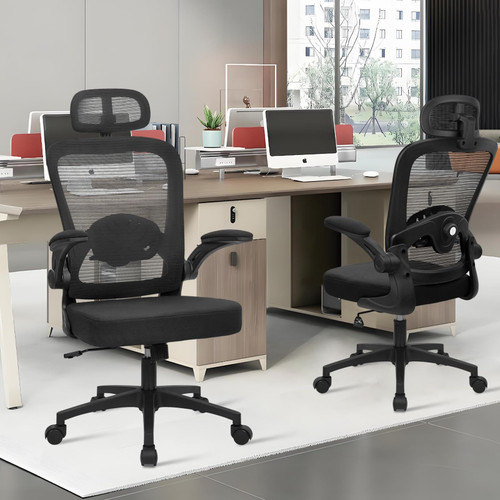 4PK, Desk Chairs with Wheels, Ergonomic Mesh Back Home Office Chair with Headrest, Adjustable Lumbar Support Swivel Rolling Computer Chairs with Flip Up Arms for Conference Meeting Room, Black
