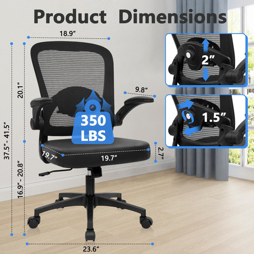 8PK, Desk Chairs with Wheels, Ergonomic Mesh Back PU Leather Seat Home Office Adjustable Lumbar Support and Height Swivel Rolling Computer Task Chair with Flip Up Arms for Conference, Black