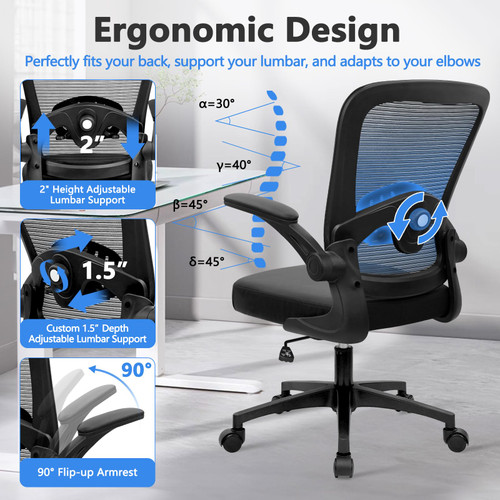 Set of 12, Desk Chairs with Wheels, Ergonomic Mesh Back PU Leather Seat Home Office Adjustable Lumbar Support and Height Swivel Rolling Computer Task Chair with Flip Up Arms for Conference, Black
