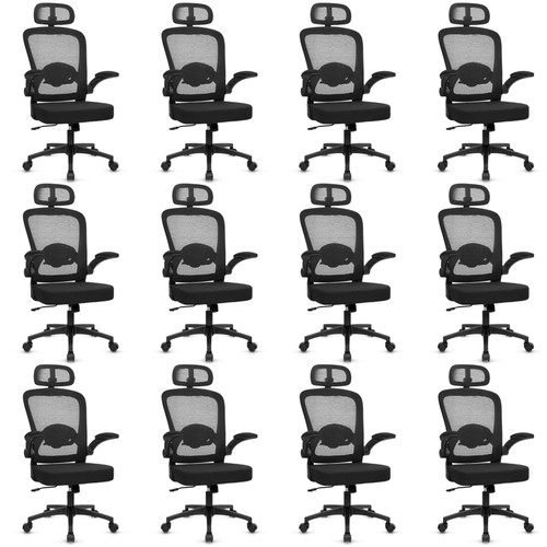 Set of 12, Desk Chairs with Wheels, Ergonomic Mesh Back Home Office Chair with Headrest, Adjustable Lumbar Support Swivel Rolling Computer Chairs Flip Up Arms for Conference Meeting Room, Black