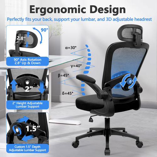 Set of 12, Desk Chairs with Wheels, Ergonomic Mesh Back Home Office Chair with Headrest, Adjustable Lumbar Support Swivel Rolling Computer Chairs Flip Up Arms for Conference Meeting Room, Black
