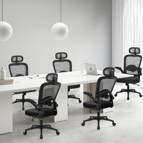Set of 12, Desk Chairs with Wheels, Ergonomic Mesh Back Home Office Chair with Headrest, Adjustable Lumbar Support Swivel Rolling Computer Chairs Flip Up Arms for Conference Meeting Room, Black