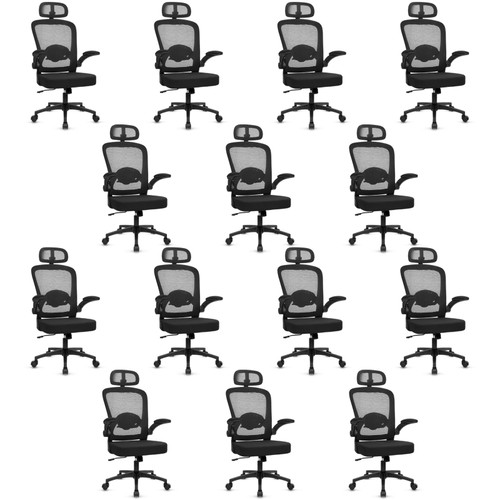 14PK, Desk Chairs with Wheels, Ergonomic Mesh Back Home Office Chair with Headrest, Adjustable Lumbar Support Swivel Rolling Computer Chairs Flip Up Arms for Conference Meeting Room, Black