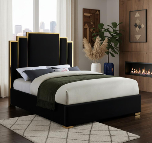 Hugo Collection Modern | Contemporary Velvet Upholstered Bed with Polished Gold Metal Frame and Legs, Queen, Black