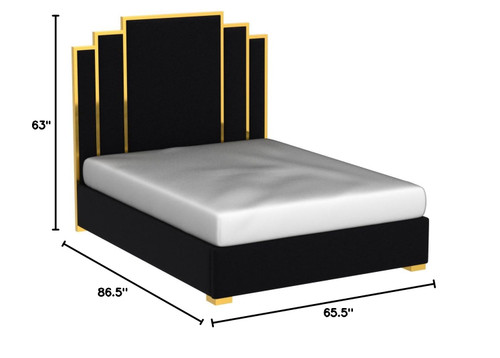 Hugo Collection Modern | Contemporary Velvet Upholstered Bed with Polished Gold Metal Frame and Legs, Queen, Black