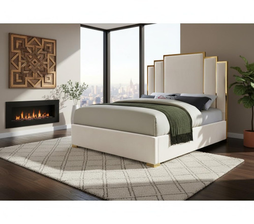 Hugo Collection Modern | Contemporary Velvet Upholstered Bed with Polished Gold Metal Frame and Legs, Queen, Cream