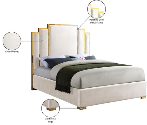 Hugo Collection Modern | Contemporary Velvet Upholstered Bed with Polished Gold Metal Frame and Legs, Queen, Cream