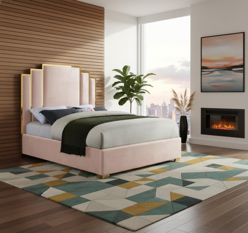 Hugo Collection Modern | Contemporary Velvet Upholstered Bed with Polished Gold Metal Frame and Legs, Queen, Pink