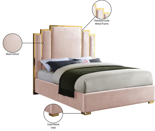 Hugo Collection Modern | Contemporary Velvet Upholstered Bed with Polished Gold Metal Frame and Legs, Queen, Pink