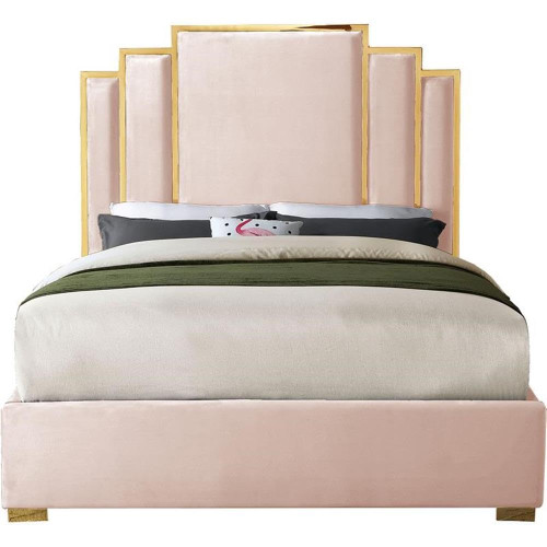 Hugo Collection Modern | Contemporary Velvet Upholstered Bed with Polished Gold Metal Frame and Legs, Queen, Pink