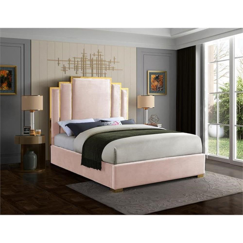 Hugo Collection Modern | Contemporary Velvet Upholstered Bed with Polished Gold Metal Frame and Legs, Queen, Pink