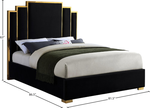 HugoBlack-K Hugo Collection Modern | Contemporary Velvet Upholstered Bed with Polished Gold Metal Frame and Legs, 81.5" W x 86.5" D x 63" H, Black, King