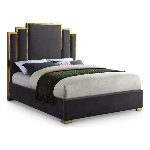 Hugo Collection Modern | Contemporary Velvet Upholstered Bed with Polished Gold Metal Frame and Legs, King, Grey