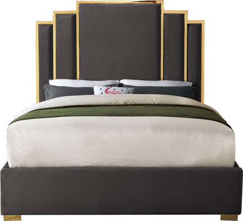 Hugo Collection Modern | Contemporary Velvet Upholstered Bed with Polished Gold Metal Frame and Legs, King, Grey