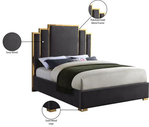 Hugo Collection Modern | Contemporary Velvet Upholstered Bed with Polished Gold Metal Frame and Legs, King, Grey