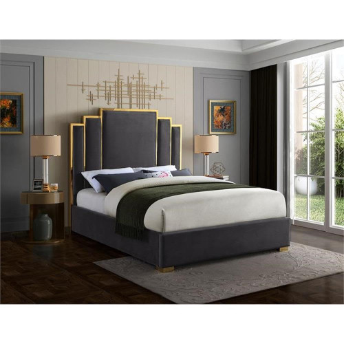 Hugo Collection Modern | Contemporary Velvet Upholstered Bed with Polished Gold Metal Frame and Legs, King, Grey