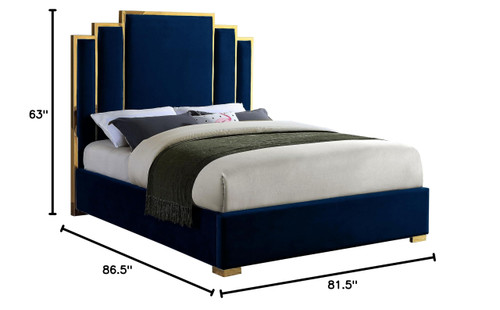 HugoNavy-K Hugo Collection Modern | Contemporary Velvet Upholstered Bed with Polished Gold Metal Frame and Legs, 81.5" W x 86.5" D x 63" H, Navy, King