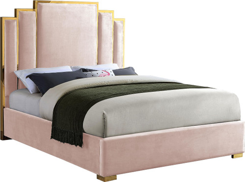 HugoPink-K Hugo Collection Modern | Contemporary Velvet Upholstered Bed with Polished Gold Metal Frame and Legs, 81.5" W x 86.5" D x 63" H, Pink, King