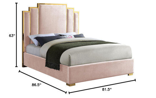 HugoPink-K Hugo Collection Modern | Contemporary Velvet Upholstered Bed with Polished Gold Metal Frame and Legs, 81.5" W x 86.5" D x 63" H, Pink, King