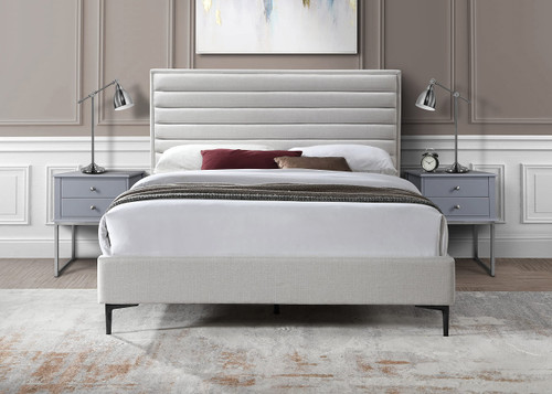 HunterCream-F Hunter Collection Modern | Contemporary Durable Linen Textured Fabric Bed, Horizontal Channel Tufting, Matte Black Legs, 57" W x 82" D x 46" H, Cream, Full