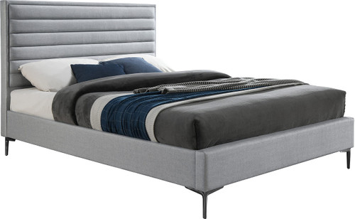 HunterGrey-F Hunter Collection Modern | Contemporary Durable Linen Textured Fabric Bed, Horizontal Channel Tufting, Matte Black Legs, 57" W x 82" D x 46" H, Grey, Full